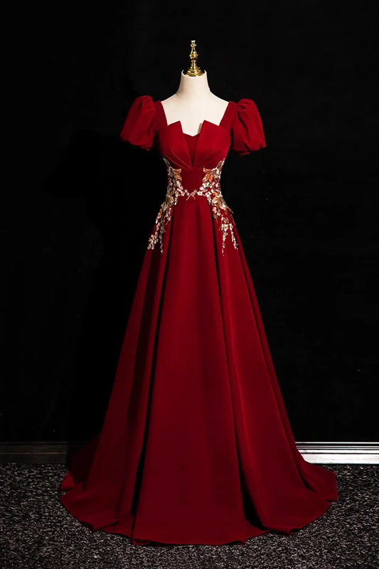 Burgundy Velvet Lace Long Prom Dress A-Line Short Sleeve Evening Party Dress