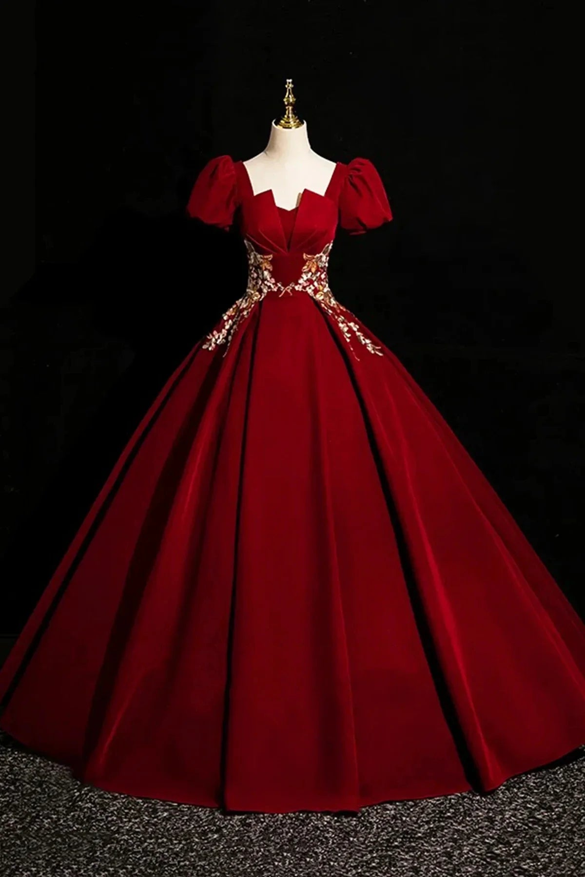 Burgundy Velvet Lace Long Prom Dress A-Line Short Sleeve Evening Party Dress