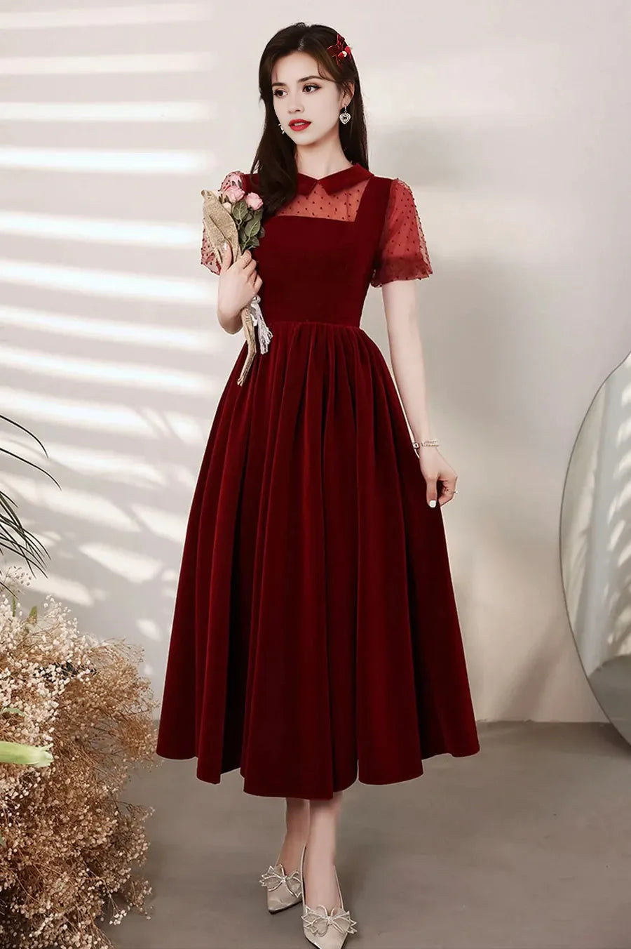 Burgundy Velvet Short Prom Dresses A-Line Homecoming Dresses