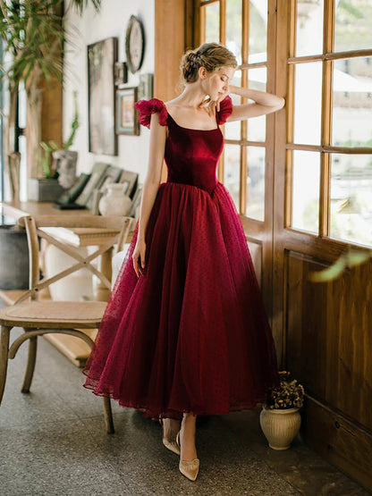 Burgundy Velvet Tulle Tea Length Prom Dress Cute A-Line Evening Party Dress