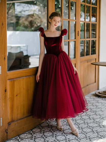 Burgundy Velvet Tulle Tea Length Prom Dress Cute A-Line Evening Party Dress