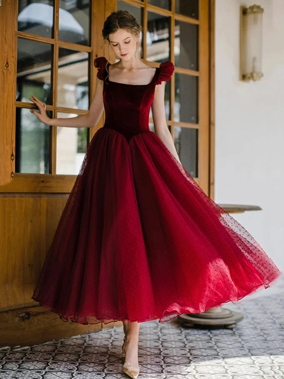 Burgundy Velvet Tulle Tea Length Prom Dress Cute A-Line Evening Party Dress