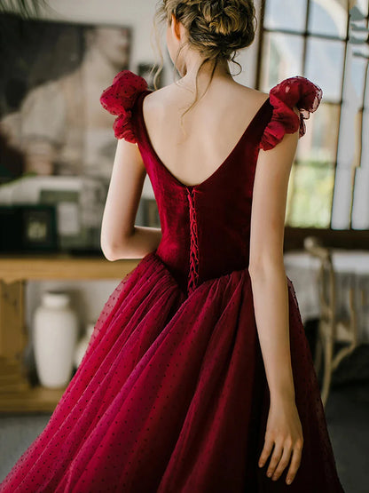 Burgundy Velvet Tulle Tea Length Prom Dress Cute A-Line Evening Party Dress