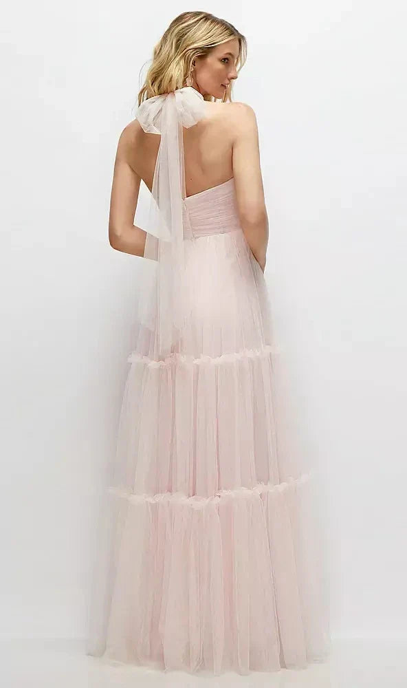 Bustier-Style Neu Tulle Tiered Maxi Dress with Convertible Straps in Ballet Pink