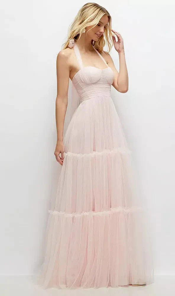 Bustier-Style Neu Tulle Tiered Maxi Dress with Convertible Straps in Ballet Pink