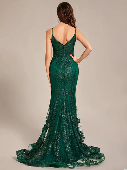 Dark Green Sequin Embroidered See-through V-Neck Lace Mermaid Prom Dress