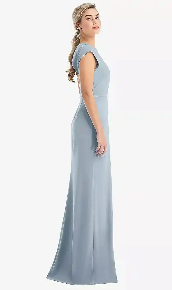 Cap Sleeve Open-Back Trumpet Gown with Front Slit in Mist