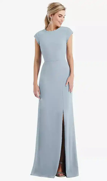 Cap Sleeve Open-Back Trumpet Gown with Front Slit in Mist