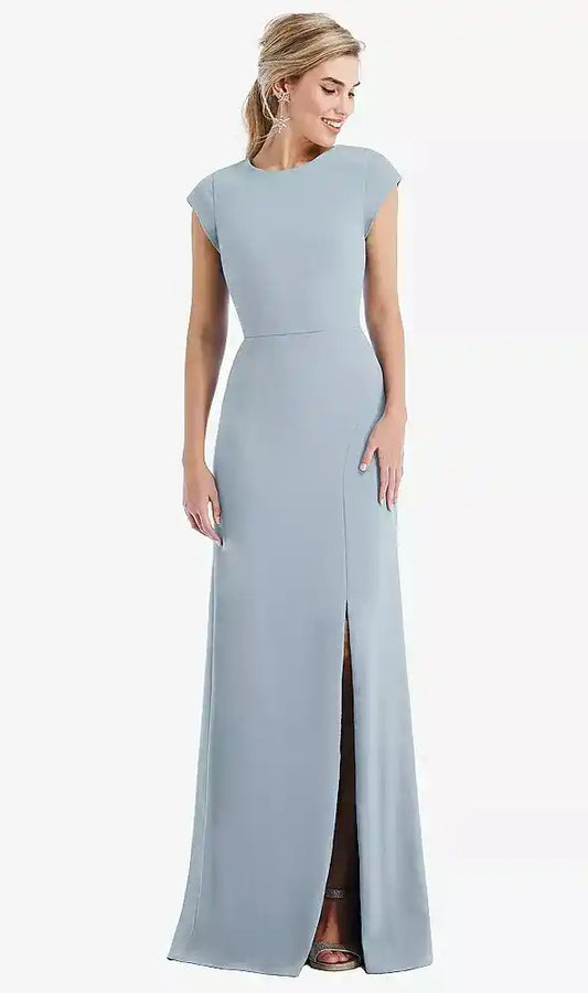 Cap Sleeve Open-Back Trumpet Gown with Front Slit in Mist