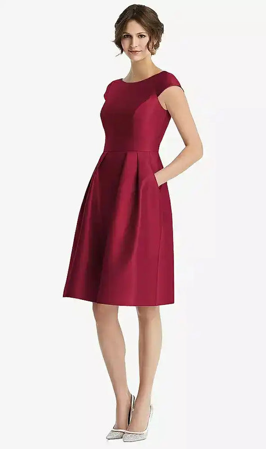 Cap Sleeve Pleated Cocktail Dress with Pockets in Burgundy