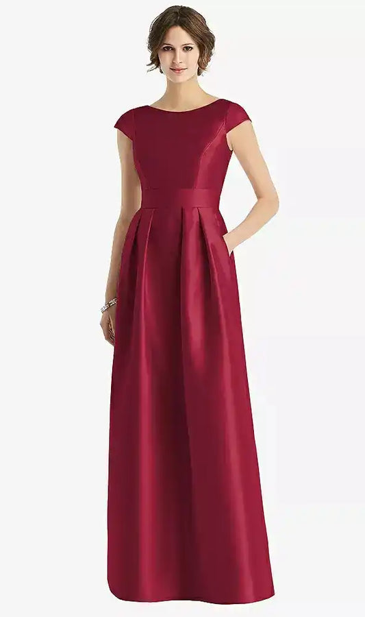 Cap Sleeve Pleated Skirt Dress with Pockets in Burgundy
