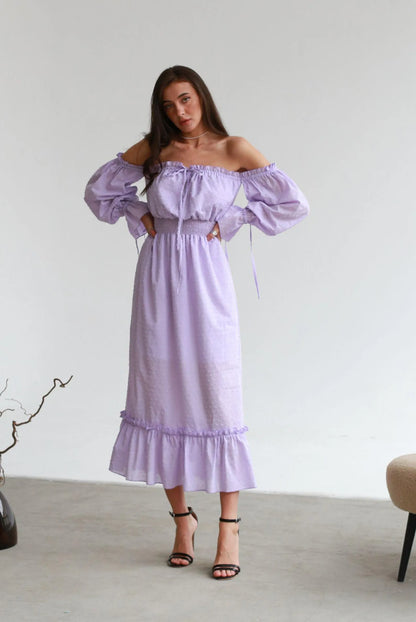Casual A-Line Off-Shoulder Puff Sleeve Swiss Dot Blue Midi Dress