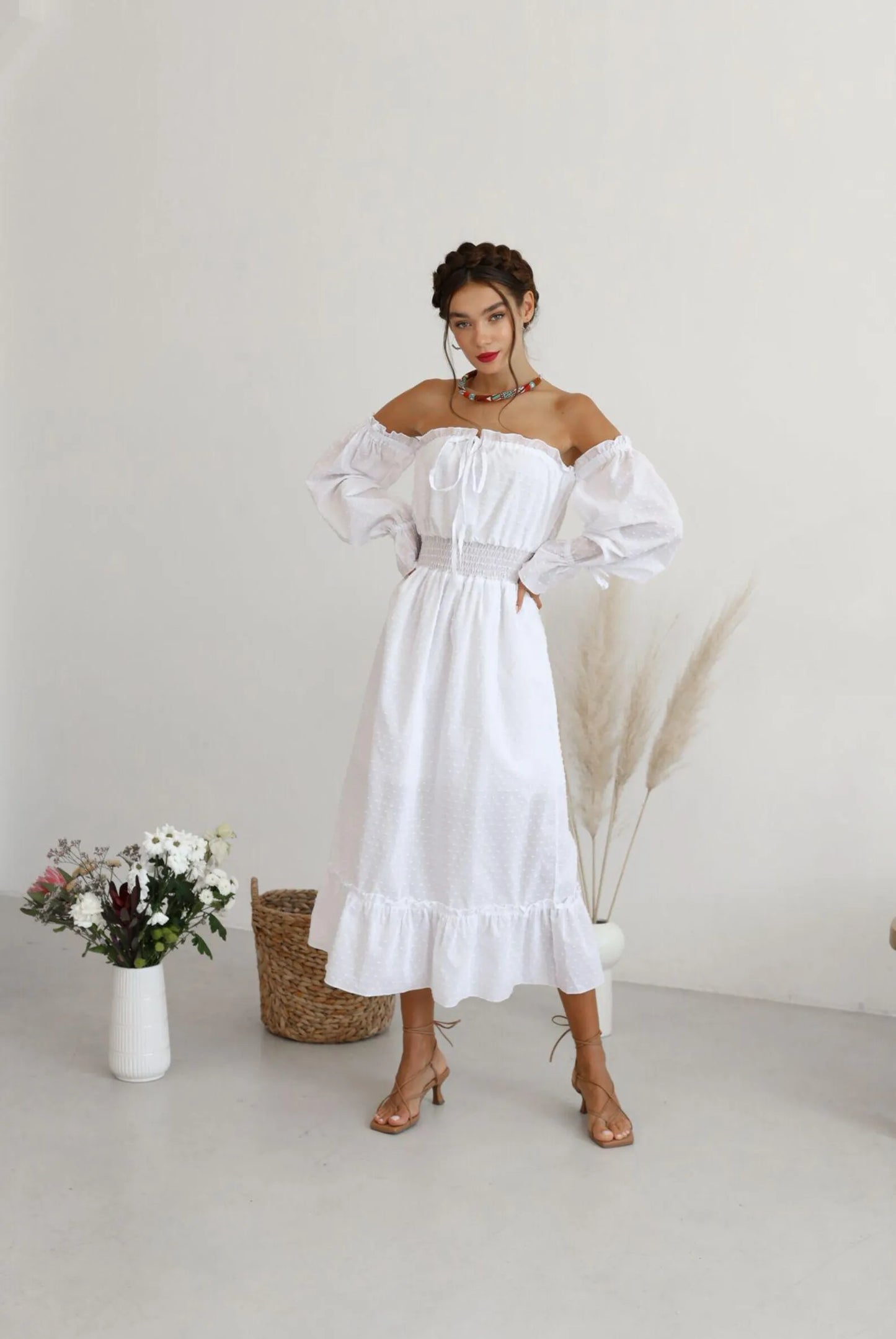 Casual A-Line Off-Shoulder Puff Sleeve Swiss Dot Blue Midi Dress