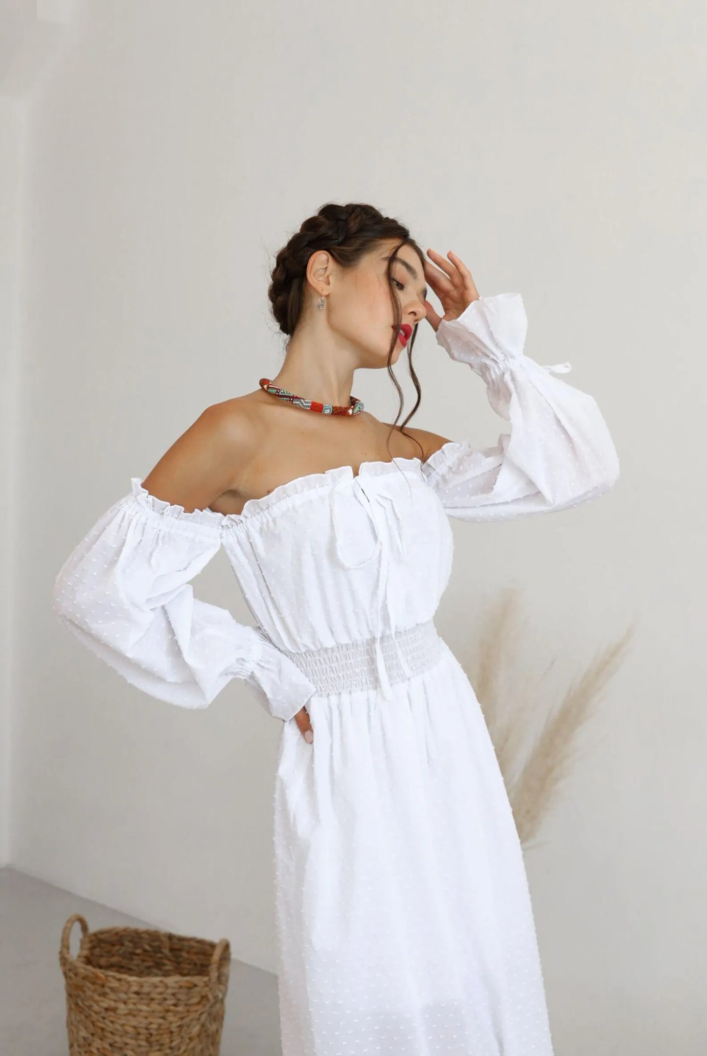 Casual A-Line Off-Shoulder Puff Sleeve Swiss Dot Blue Midi Dress