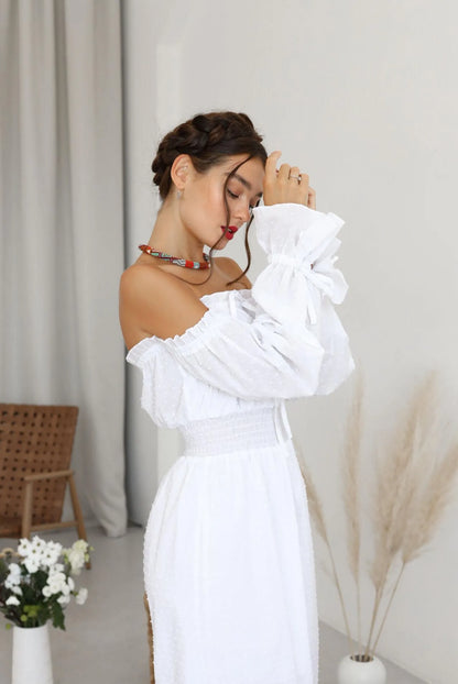 Casual A-Line Off-Shoulder Puff Sleeve Swiss Dot Blue Midi Dress
