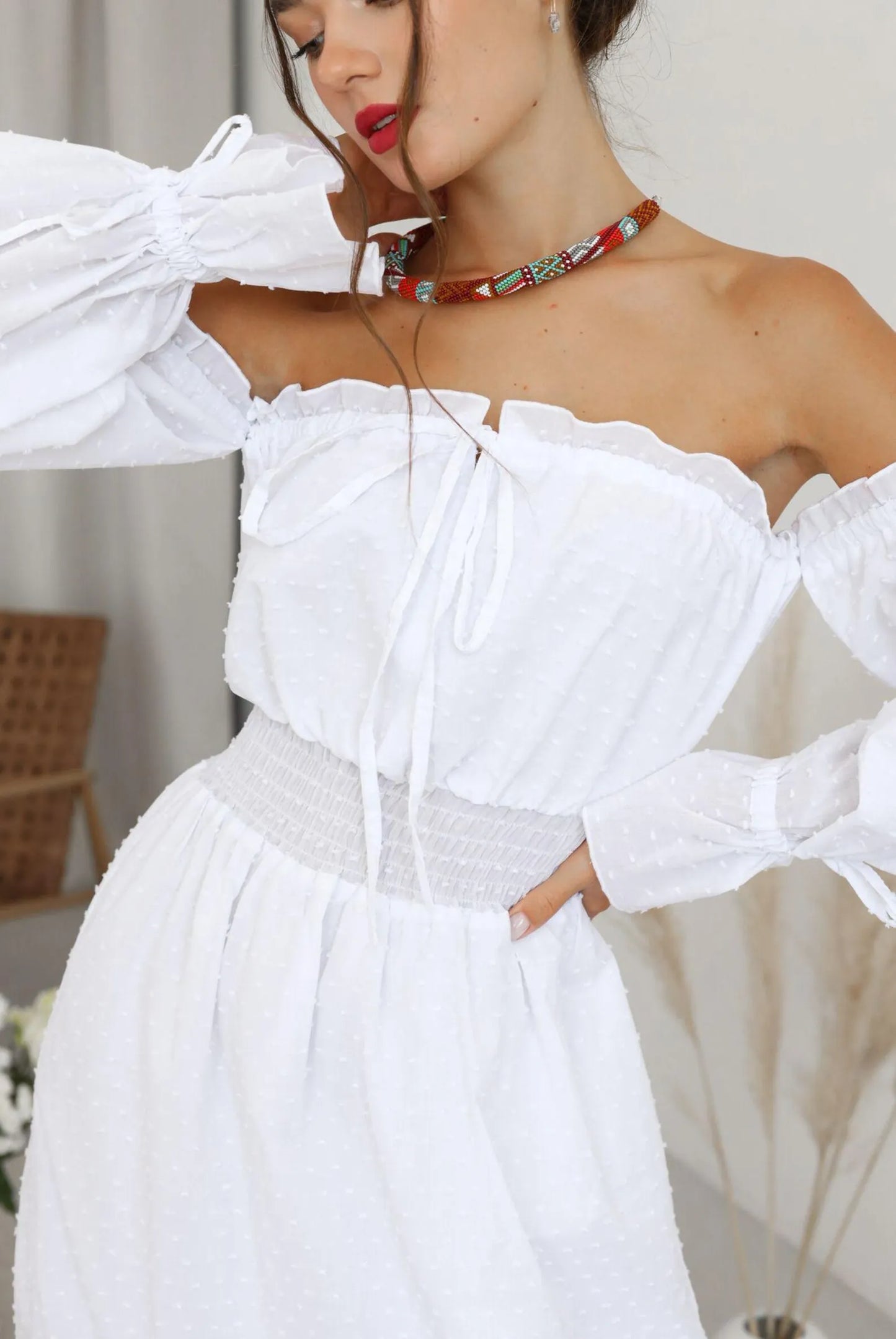 Casual A-Line Off-Shoulder Puff Sleeve Swiss Dot Blue Midi Dress