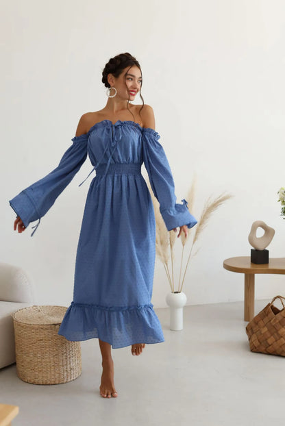 Casual A-Line Off-Shoulder Puff Sleeve Swiss Dot Blue Midi Dress