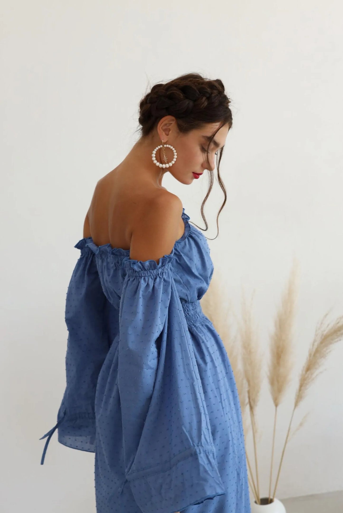 Casual A-Line Off-Shoulder Puff Sleeve Swiss Dot Blue Midi Dress