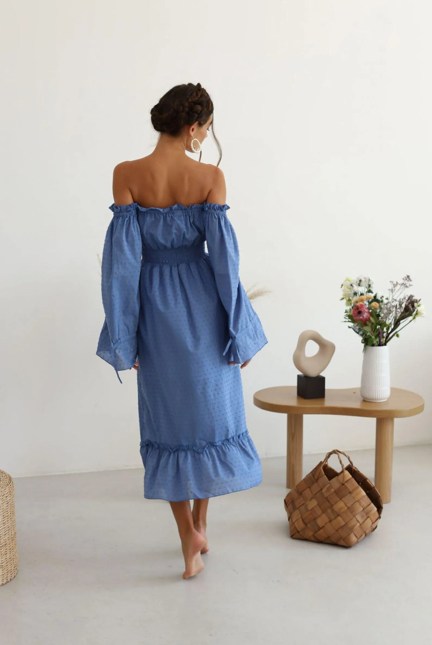 Casual A-Line Off-Shoulder Puff Sleeve Swiss Dot Blue Midi Dress