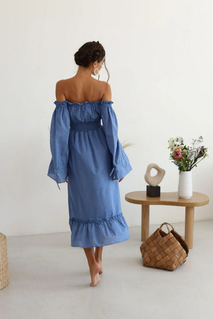 Casual A-Line Off-Shoulder Puff Sleeve Swiss Dot Blue Midi Dress