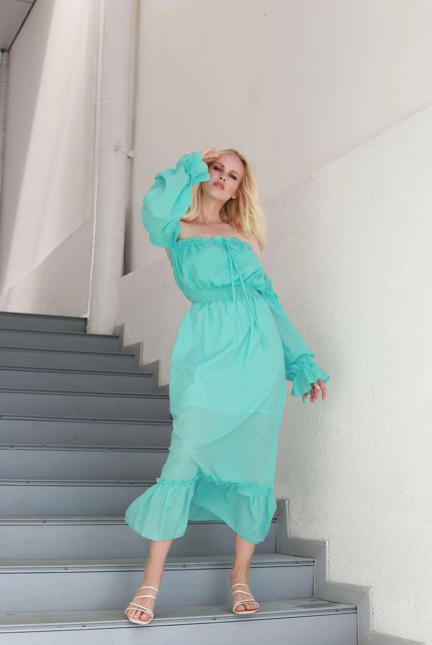 Casual A-Line Off-Shoulder Puff Sleeve Swiss Dot Blue Midi Dress