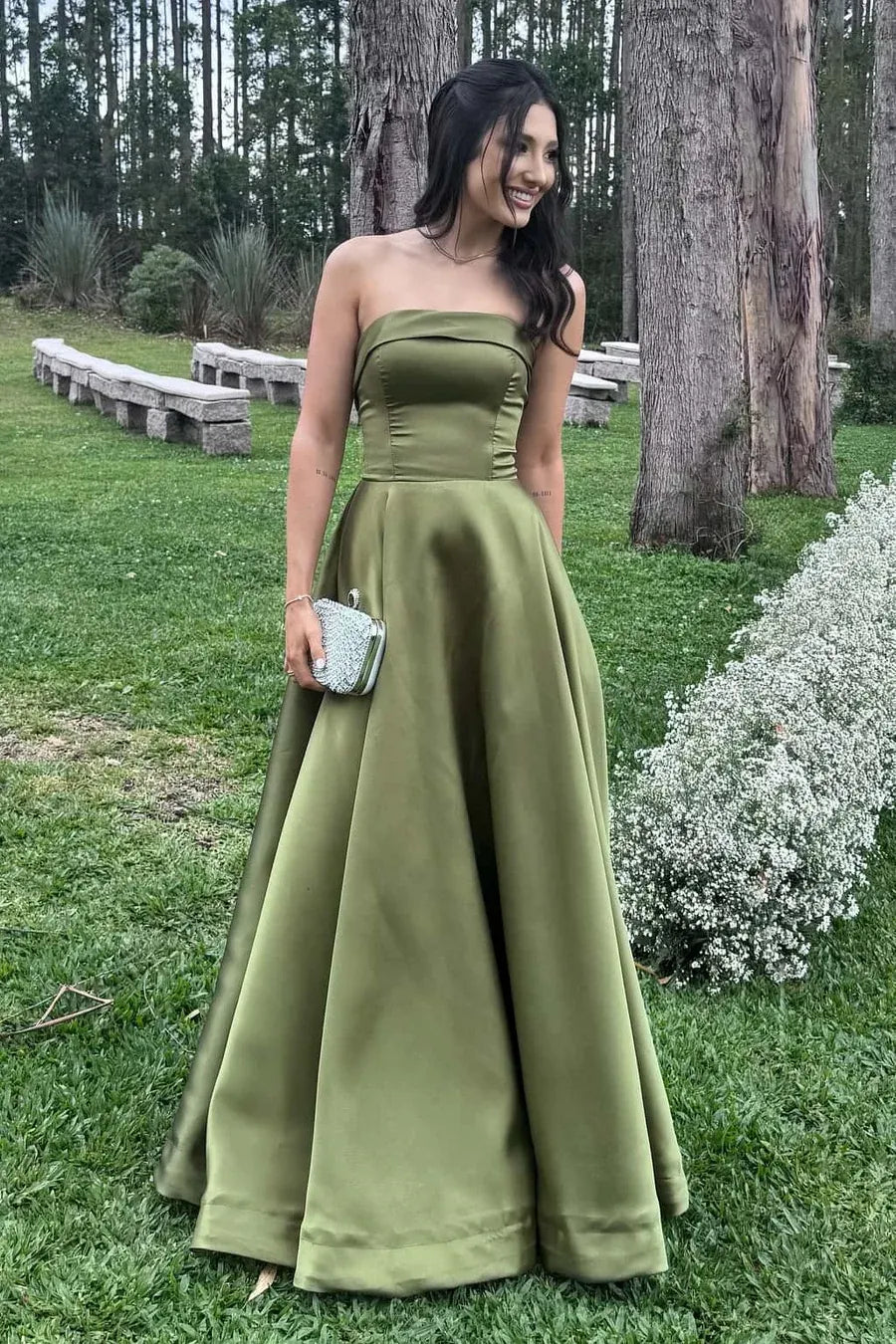 Casual A-Line Off the Shoulder Sleeveless Satin Pockets Floor-Length Prom Dress