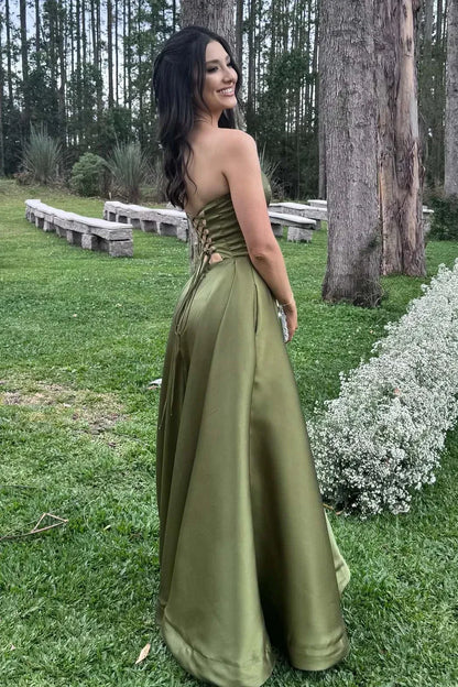 Casual A-Line Off the Shoulder Sleeveless Satin Pockets Floor-Length Prom Dress