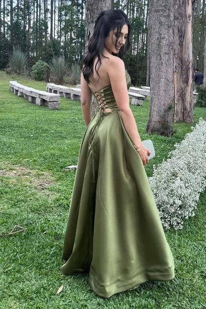 Casual A-Line Off the Shoulder Sleeveless Satin Pockets Floor-Length Prom Dress