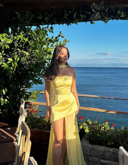 Casual A Line Sweetheart Sleeveless Satin Slit Floor-Length Prom Dress