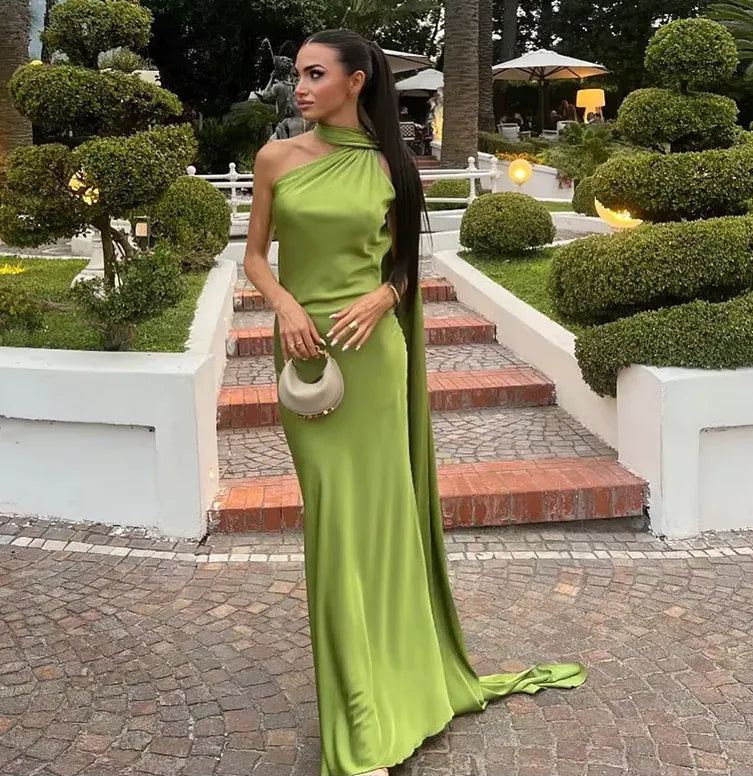 Casual Sheath/Column High Neck Sleeveless Satin Backless Floor-Length Prom Dress