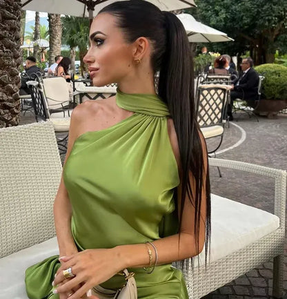 Casual Sheath/Column High Neck Sleeveless Satin Backless Floor-Length Prom Dress