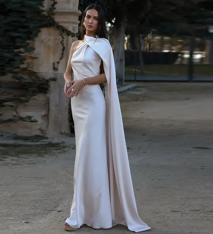 Casual Sheath/Column High Neck Sleeveless Satin Backless Floor-Length Prom Dress