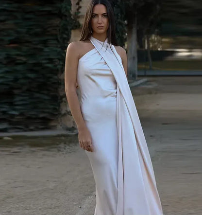 Casual Sheath/Column High Neck Sleeveless Satin Backless Floor-Length Prom Dress