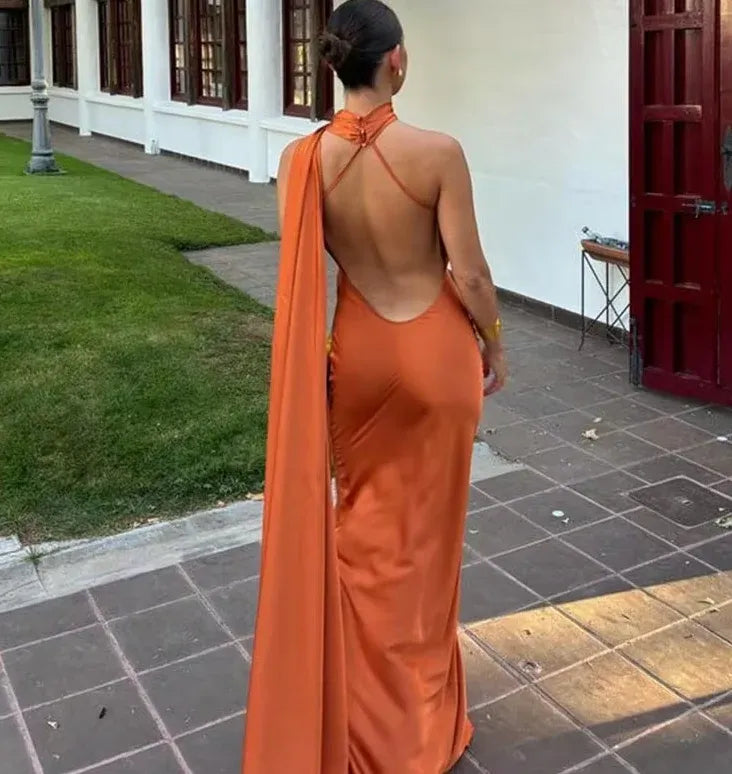 Casual Sheath/Column High Neck Sleeveless Satin Backless Floor-Length Prom Dress