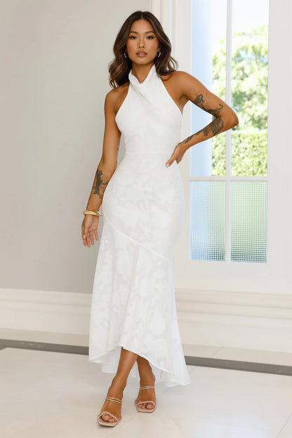 Casual A-Line Halter Open Back Ruffle White High-Low Asymmetrical Prom Dress
