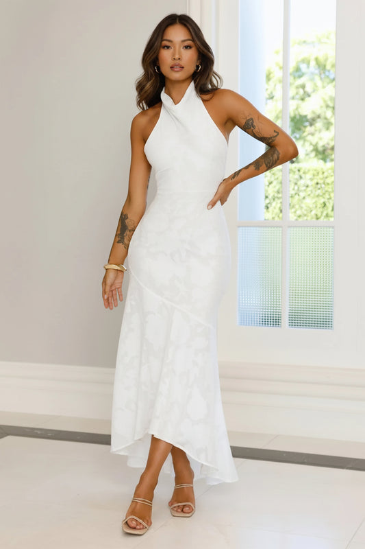 Casual A-Line Halter Open Back Ruffle White High-Low Asymmetrical Prom Dress