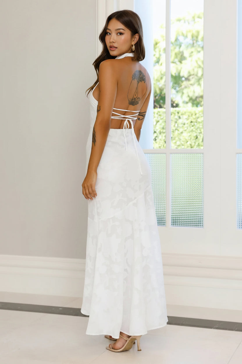 Casual A-Line Halter Open Back Ruffle White High-Low Asymmetrical Prom Dress
