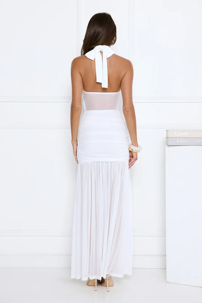 Casual A-Line Halter Ruched Sheer Mesh-Panel White Floor-Length Prom Dress