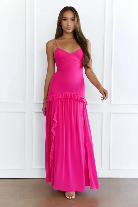 Casual A-Line Sweetheart Ruffled Flowy Fuchsia Floor-Length Prom Dress With Slit