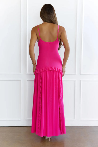 Casual A-Line Sweetheart Ruffled Flowy Fuchsia Floor-Length Prom Dress With Slit