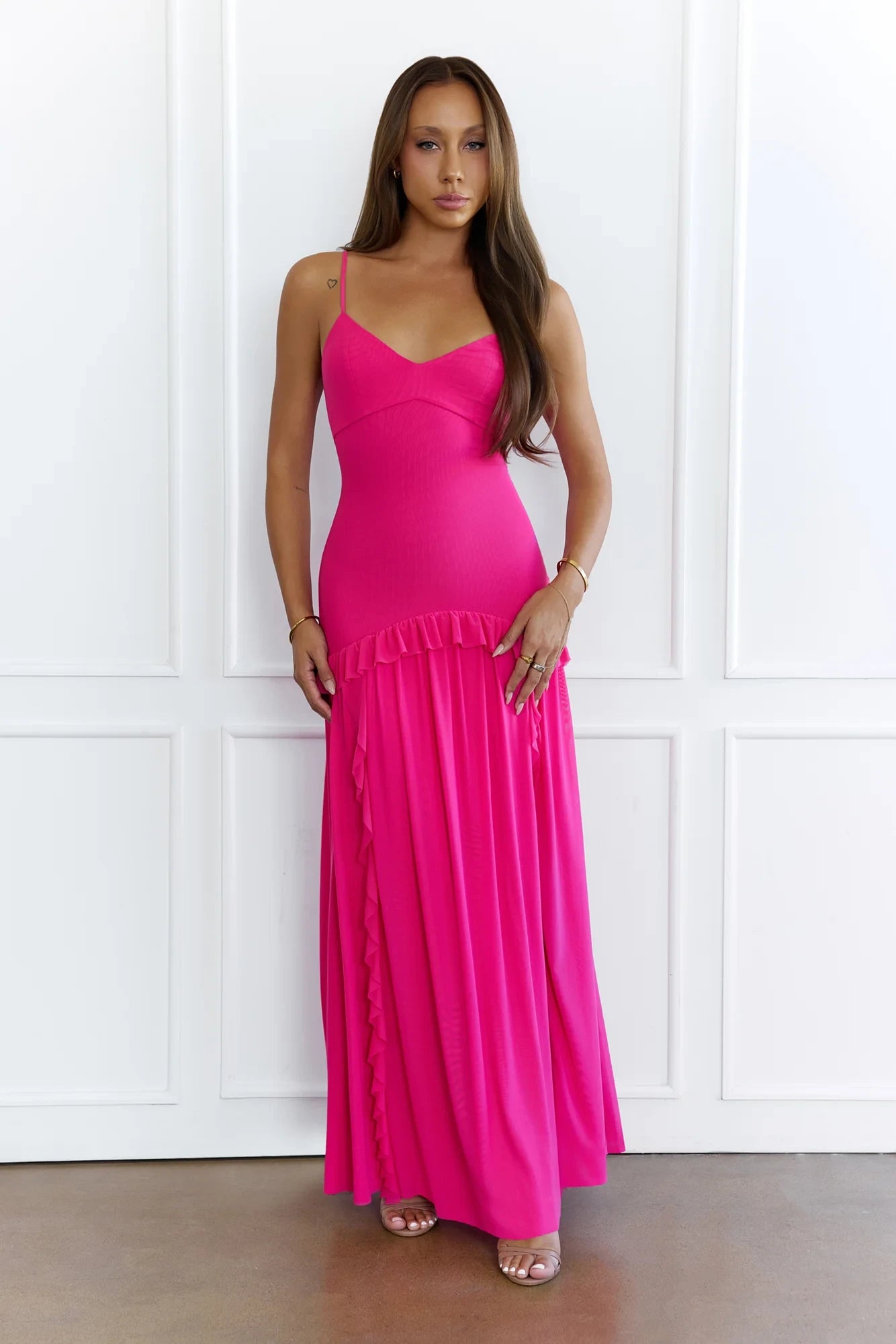 Casual A-Line Sweetheart Ruffled Flowy Fuchsia Floor-Length Prom Dress With Slit