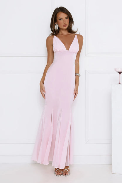 Casual Mermaid V-Neck Spaghetti Straps Ruched Light Pink Floor-Length Prom Dress