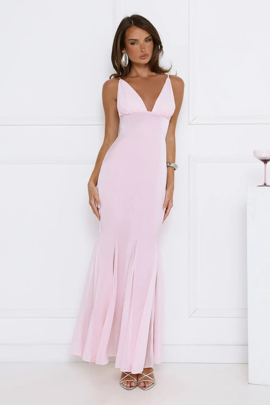 Casual Mermaid V-Neck Spaghetti Straps Ruched Light Pink Floor-Length Prom Dress
