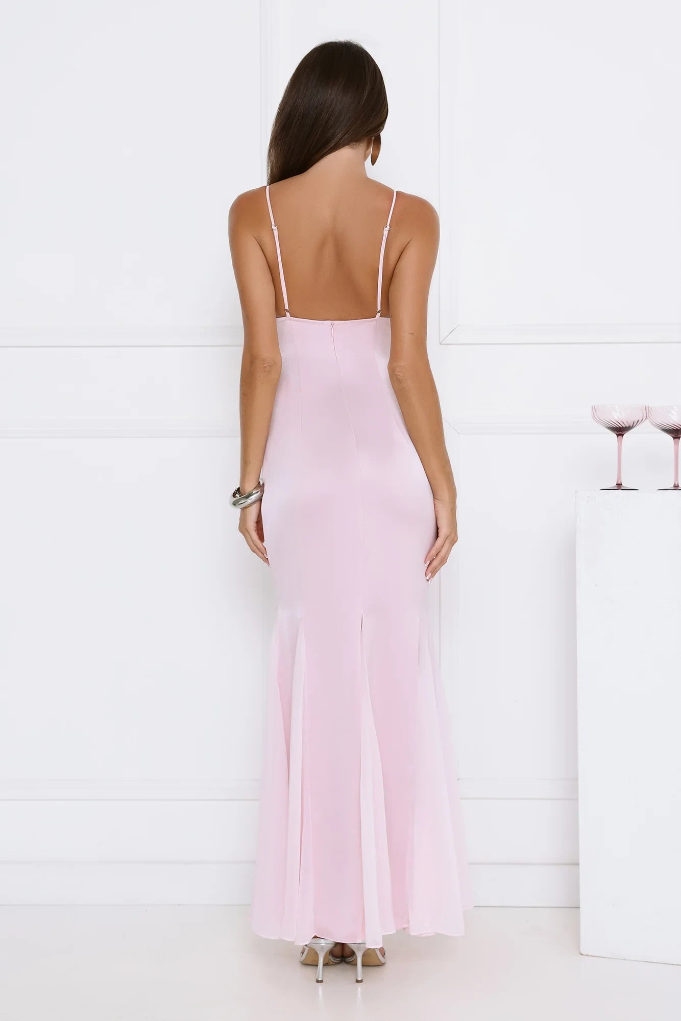 Casual Mermaid V-Neck Spaghetti Straps Ruched Light Pink Floor-Length Prom Dress