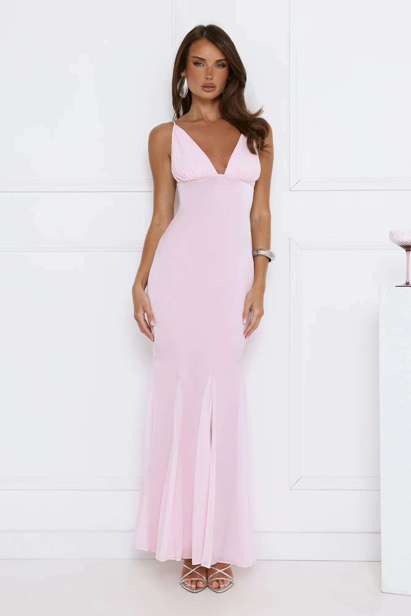 Casual Mermaid V-Neck Spaghetti Straps Ruched Light Pink Floor-Length Prom Dress