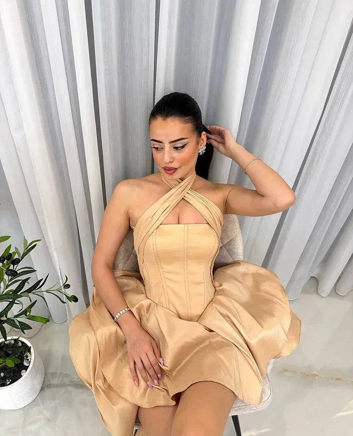 Champagne Gold Halter Crisscross Corset High Low Short Homecoming Dress