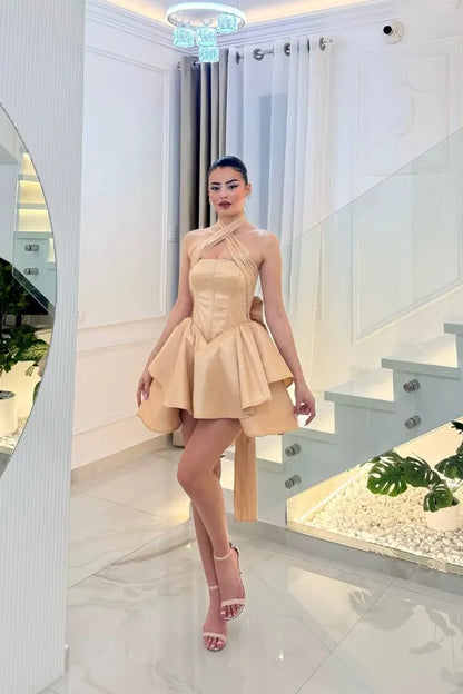 Champagne Gold Halter Crisscross Corset High Low Short Homecoming Dress