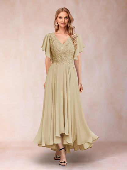 A-Line/Princess V-Neck Short Sleeves Long Evening Dresses Chiffon Mother of the Bride Dresse with Appliques