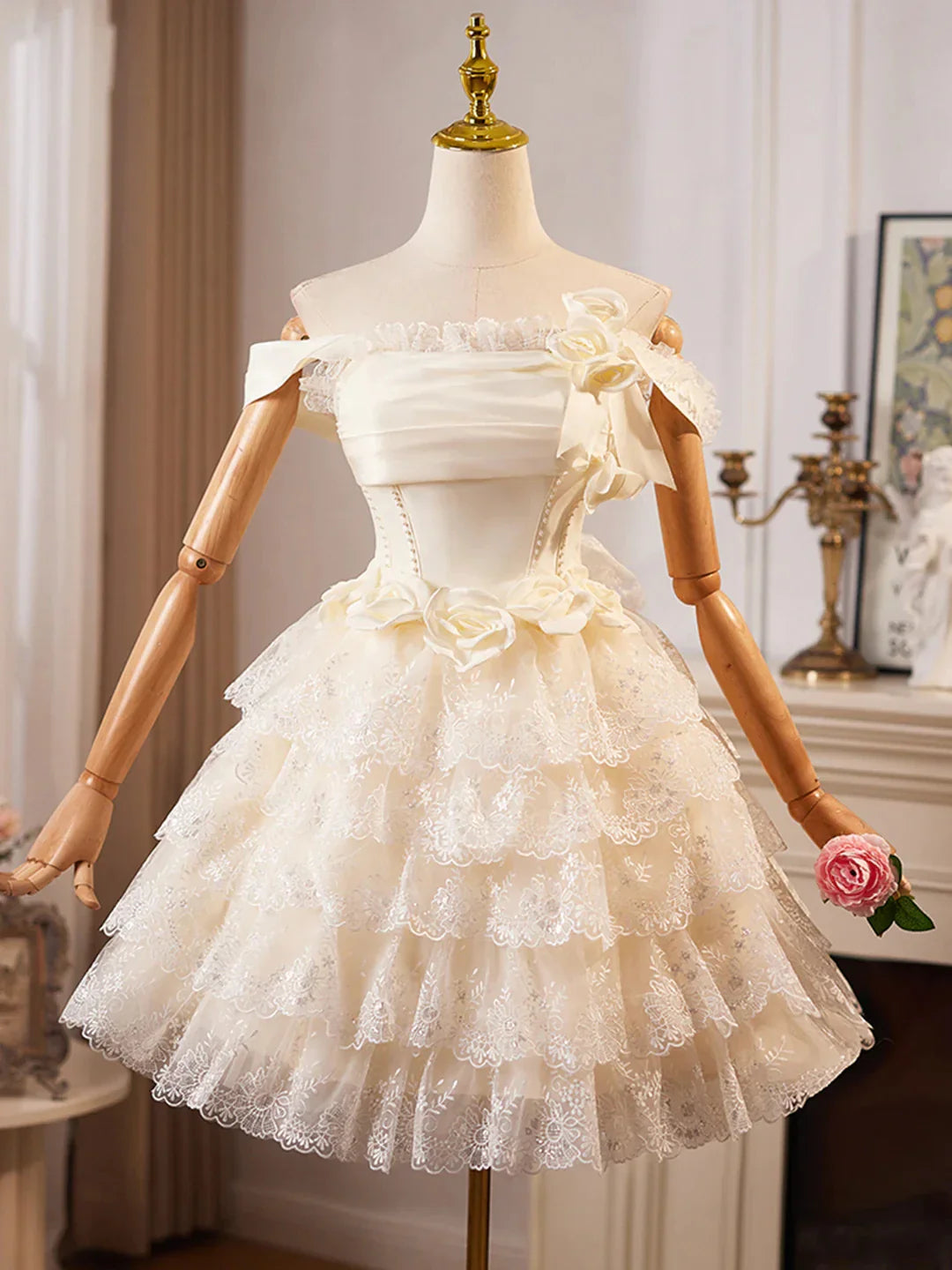 Champagne Lace Layer Knee Length Prom Dress Off the Shoulder Evening Party Dress
