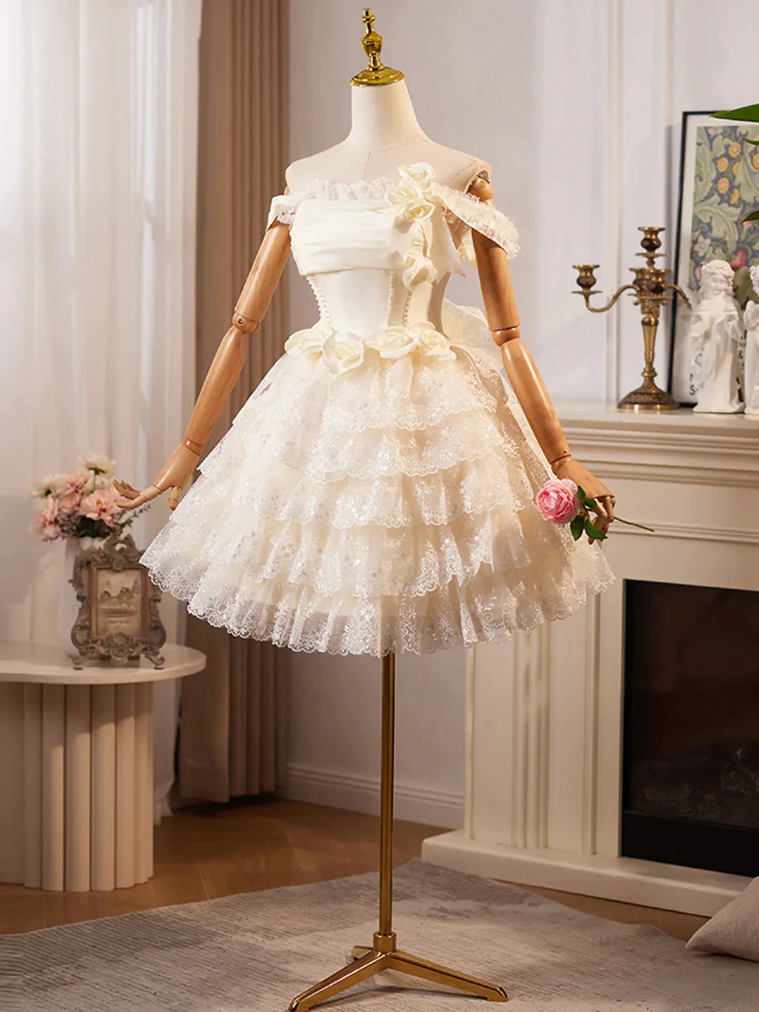 Champagne Lace Layer Knee Length Prom Dress Off the Shoulder Evening Party Dress